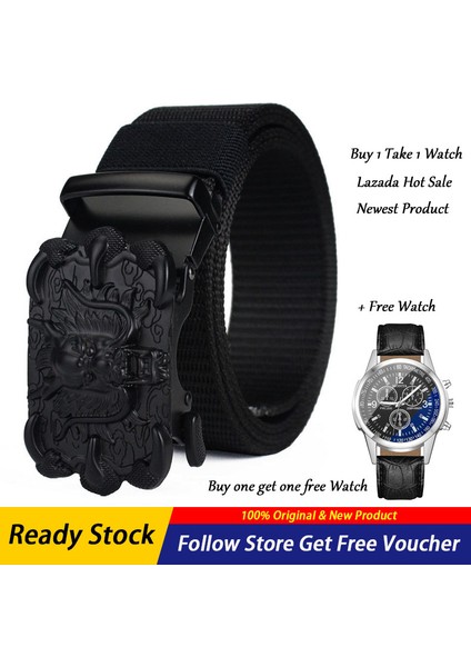 [bir Alana Bir Bedava Saat Kazanın] 120CM Paul Polo Erkek Kemeri Lüks Marka 3D Altın Ejderha Otomatik Toka Dişsiz Iş Günlük Erkek Kemeri Kişilik Naylon Kanvas Kemer (Yurt Dışından) fiyatları