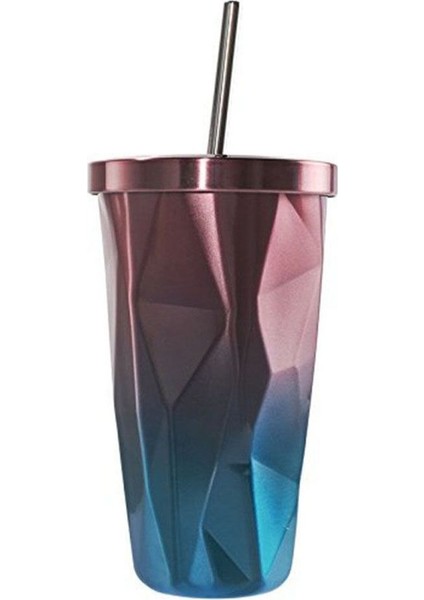 Paslanmaz Çelik Pipetli Bardak - Sıcak ve Soğuk Çift Cidarlı Bardaklar Kahve Kupaları 500ML Düzensiz Elmas Kapaklı (Pembe + Mavi) (Yurt Dışından)