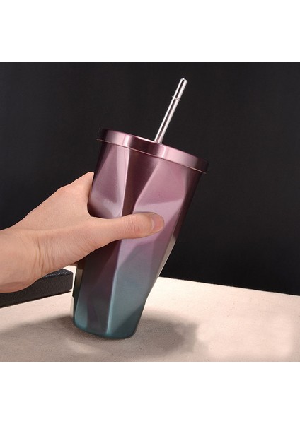 Paslanmaz Çelik Pipetli Bardak - Sıcak ve Soğuk Çift Cidarlı Bardaklar Kahve Kupaları 500ML Düzensiz Elmas Kapaklı (Pembe + Mavi) (Yurt Dışından)