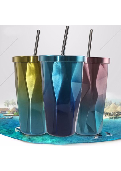 Paslanmaz Çelik Pipetli Bardak - Sıcak ve Soğuk Çift Cidarlı Bardaklar Kahve Kupaları 500ML Düzensiz Elmas Kapaklı (Pembe + Mavi) (Yurt Dışından)