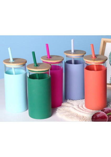 Bambu Kapaklı Saman Bardak Yüksek Borosilikat Cam Bardak Gül Kırmızı (Yurt Dışından)