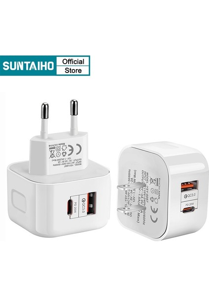 Suntaiho 2 Port Qc 3.0 Pd 20W Type C 5V 3A Akıllı Telefonlar Seyahat Duvarı Hızlı Şarj Cihazı Güç Adaptörü iPhone 12 11 Pro Max Samsung Galaxy (Yurt Dışından) fiyatları