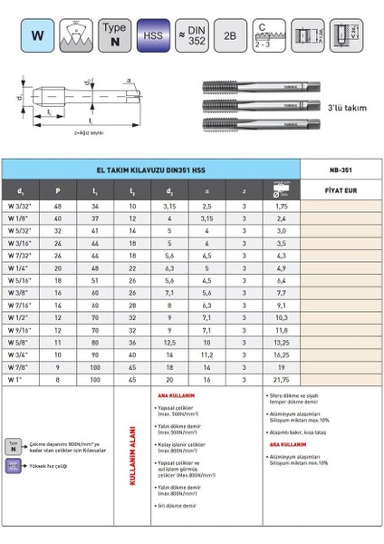 W 7/32"-24 Narex Dın NB-351 Hss 3'lü El Takım Kılavuzu
