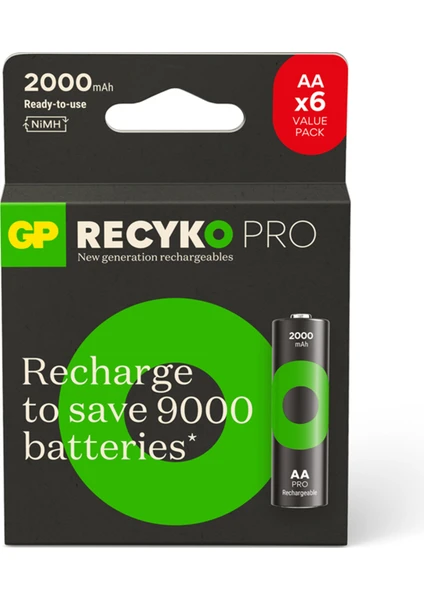 Gp Batteries Recyko Pro 2000 Mah Aa Kalem Ni-Mh Şarjlı Pil, 1.2 Volt, 6'lı Kart