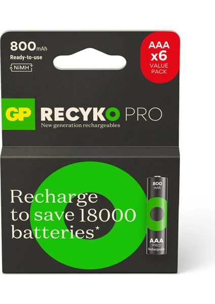 Gp Batteries Recyko Pro 800 Mah Aaa Ince Ni-Mh Şarjlı Pil, 1.2 Volt, 6'lı Kart