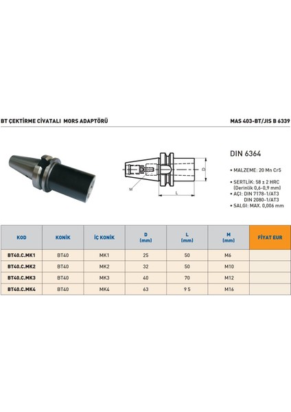 BT40.C.MK1 Bt Çektirme Civatalı Mors Adaptörü modelleri