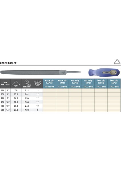 300MM Tome Ince Diş Saplı Yarım Üçgen Eğe