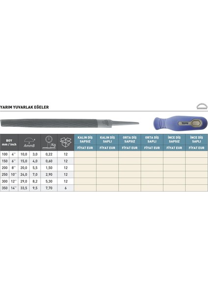 350MM Tome Orta Diş Saplı Yarım Yuvarlak Eğe fiyatları