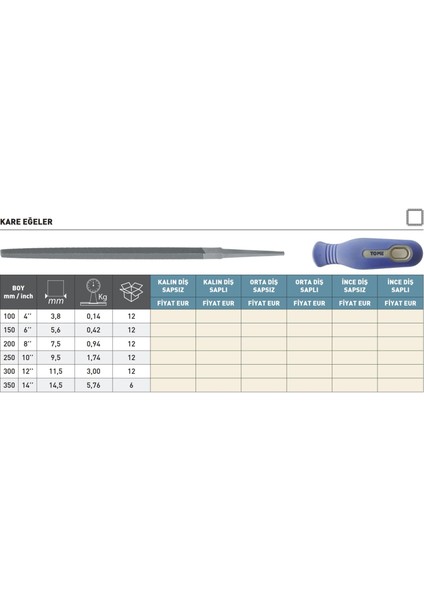 350MM Tome Kalın Diş Saplı Kare Eğe