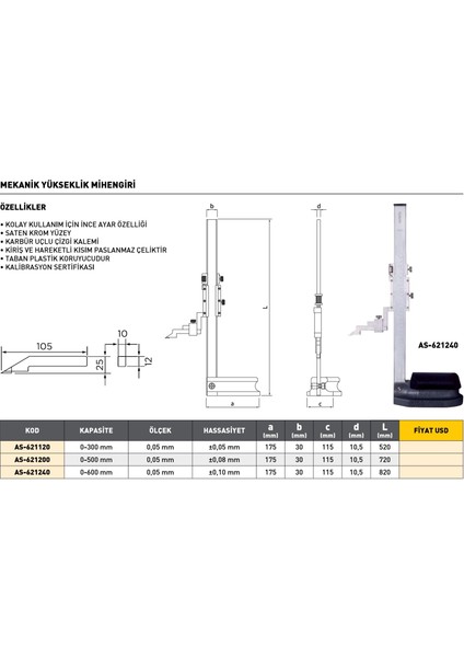 0-300MM Asimeto Mekanik Yükseklik Mihengiri AS-621120 modelleri