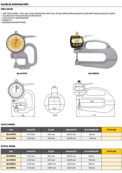 0-10MM Asimeto Saatli Kalınlık Komparatörü AS-495010 modelleri
