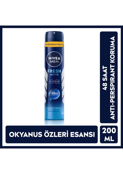 Men Erkek Sprey Deodorant Fresh Active 200 ml Ter ve Ter Kokusuna Karşı 48 Saat Deodorant Koruması