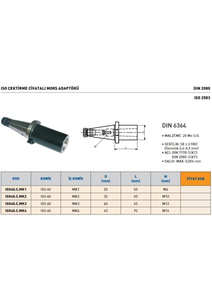ISO40.C.MK3 Iso Çektirme Civatalı Mors Adaptörü modelleri