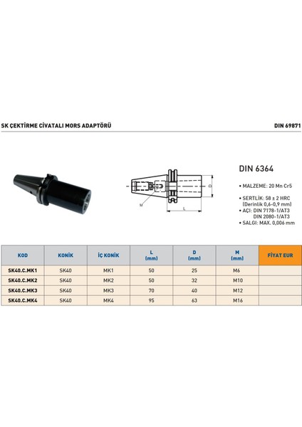 SK40.C.MK1 Sk Çektirme Civatalı Mors Adaptörü modelleri