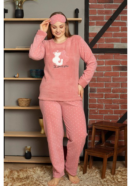 Fwn 5100 Büyük Beden Peluş Welsoft Polar Kışlık Kedili Kadın Pijama Takımı