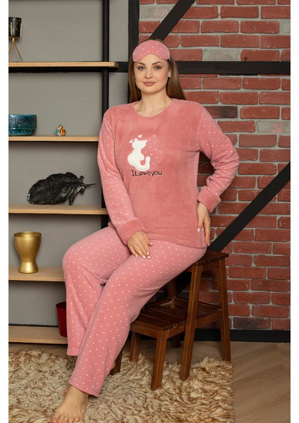 Fwn 5100 Büyük Beden Peluş Welsoft Polar Kışlık Kedili Kadın Pijama Takımı