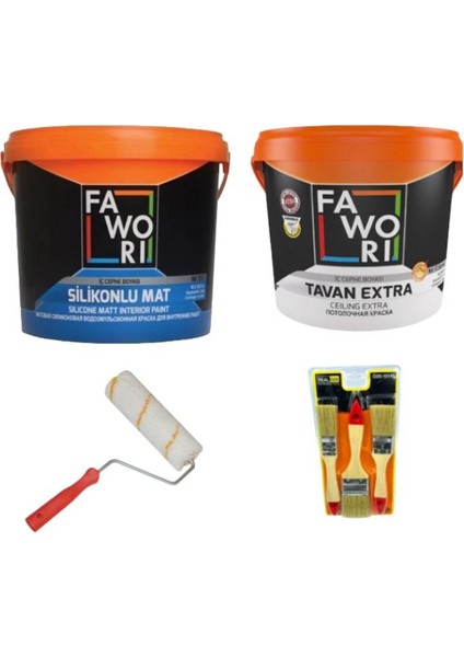 Silikonlu Mat Iç Cephe 3,5 kg Boya +Fawori Tavan Boya 3,5 Kg+Rulo+Fırça Boya Seti