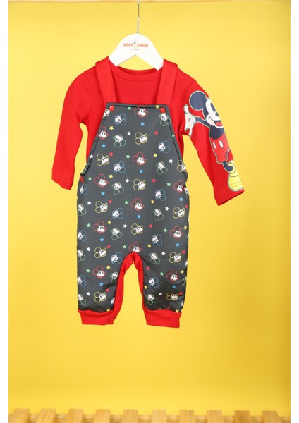 06-24 Ay Erkek Bebek Lacivert- Kırmızı Mickey Lisanslı Salopet Takım