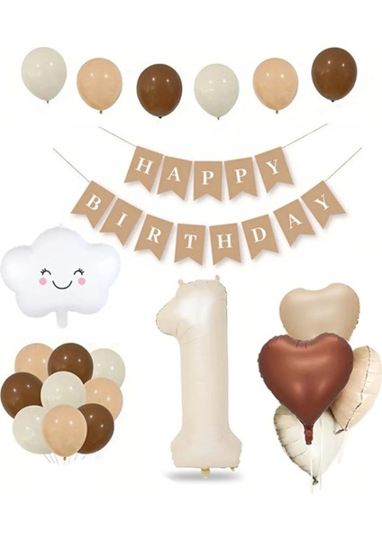 Retro Doğum Günü Seti; Krem Rakam Folyo, Banner, Kalp Folyo ve Lateks Balon Zinciri