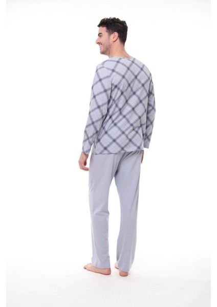 1407 Erkek Büyük Beden Uzun Kollu Kareli Düğmeli Pijama Takım modelleri