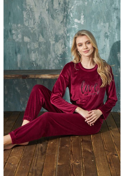13112-4 Kadın Kadife Bisiklet Yaka Pijama Takımı Uzun Kollu