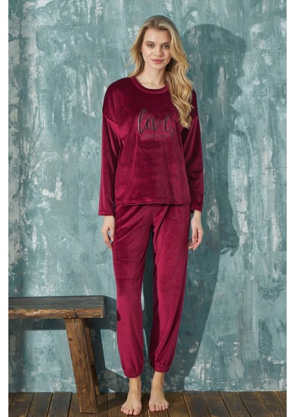13112-4 Kadın Kadife Bisiklet Yaka Pijama Takımı Uzun Kollu