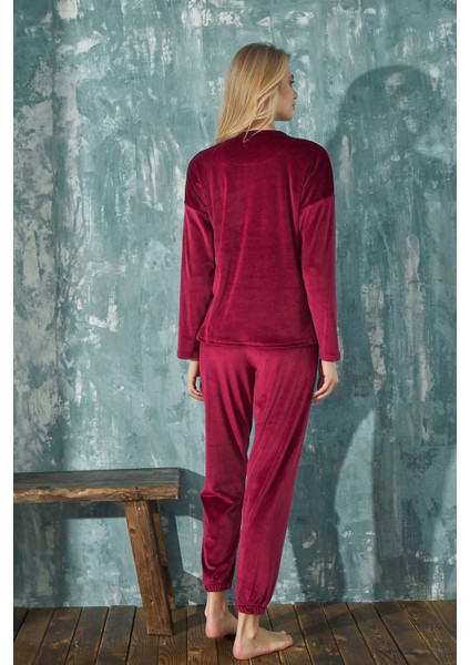 13112-4 Kadın Kadife Bisiklet Yaka Pijama Takımı Uzun Kollu