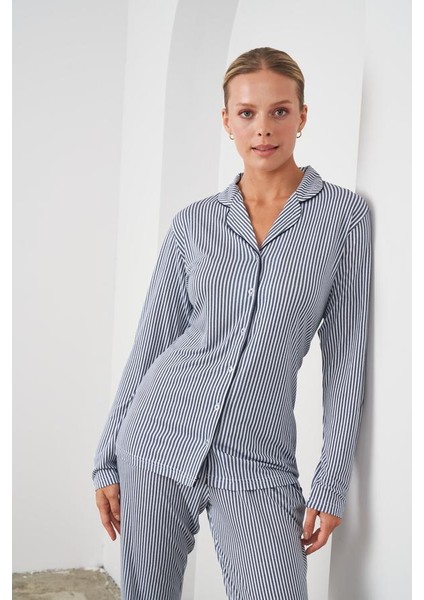 24549 Kadın Düğmeli Çizgili Pijama Takım fiyatları