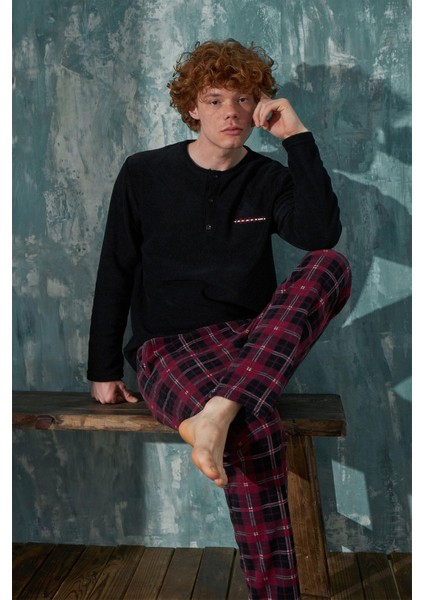 18113-4 Erkek Polar Patlı Üç Düğmeli Pijama Takım Uzun Kollu