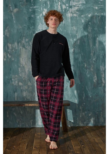 18113-4 Erkek Polar Patlı Üç Düğmeli Pijama Takım Uzun Kollu fiyatları