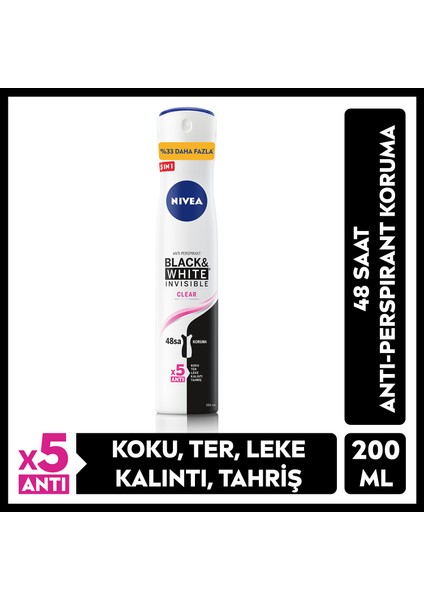 Kadın Sprey Deodorant Black & White Invisible Clear 48 Saat Anti-Perspirant Koruma 200 ml Ekonomik Boy