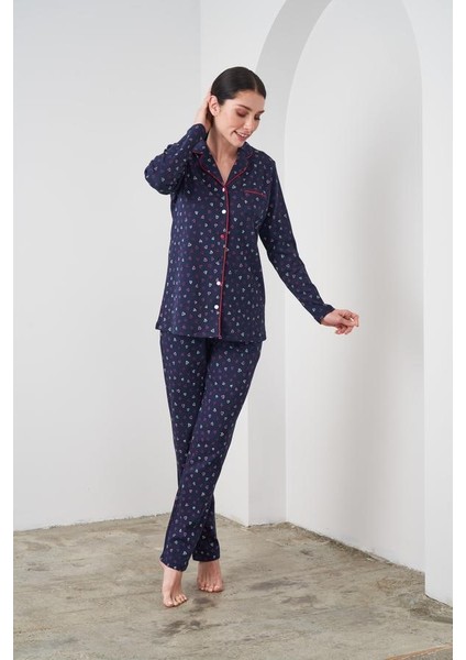 24542 Kadın Düğmeli Kalp Desenli Lacivert Pijama Takım