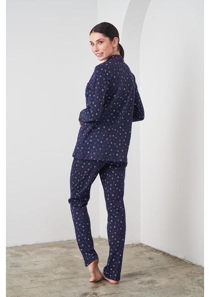 24542 Kadın Düğmeli Kalp Desenli Lacivert Pijama Takım