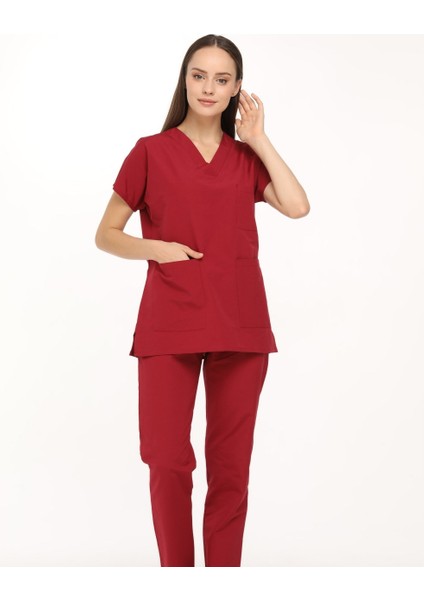 Bordo Likralı Doktor Hemşire Cerrahi Scrubs Kadın Forma Takımı