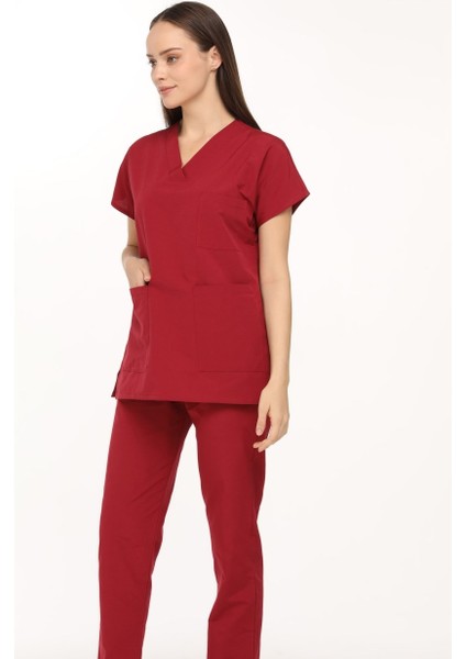 Bordo Likralı Doktor Hemşire Cerrahi Scrubs Kadın Forma Takımı fiyatları
