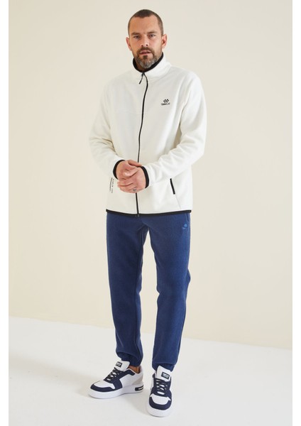 Ekru Yazı Nakışlı Dik Yaka Fermuarlı Standart Kalıp Erkek Sweatshirt Polar - 87992