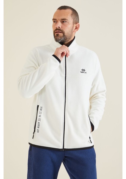 Ekru Yazı Nakışlı Dik Yaka Fermuarlı Standart Kalıp Erkek Sweatshirt Polar - 87992