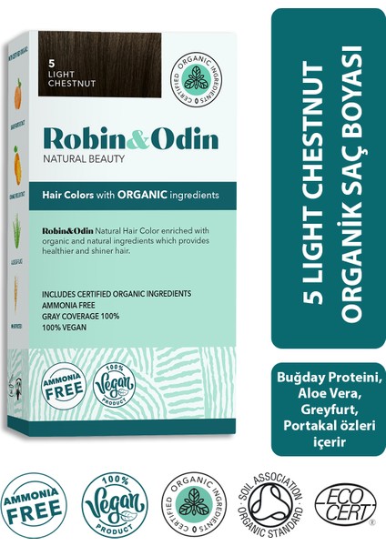 Organik Amonyaksız Silikonsuz Parabensiz Meyve özleri ve Vitaminler içeren Kalıcı Saç Boyası 5 Light Chestnut / Açık Kestane