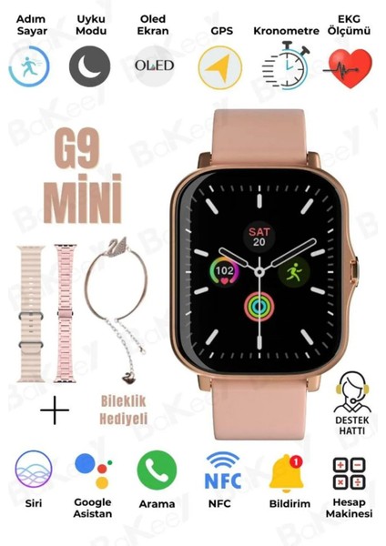 G9 Mini Gold Yetişkin 41MM Kadın Akıllı Saat 3 Kordon-Bileklik Hediyeli