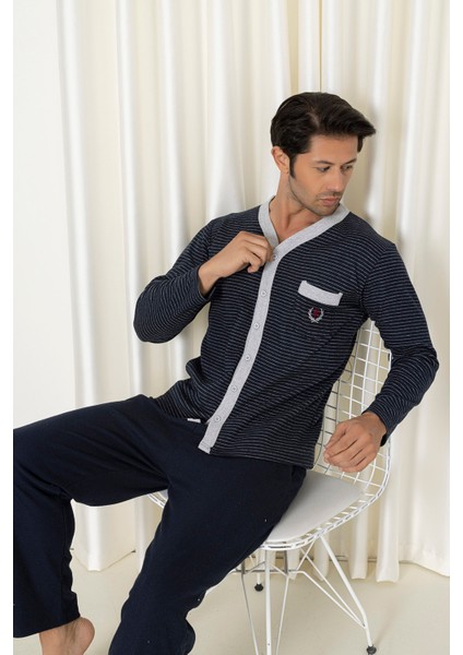 Flk 7057 Boydan Düğmeli Pamuklu Interlok Kışlık Erkek Ev Pijama Takımı