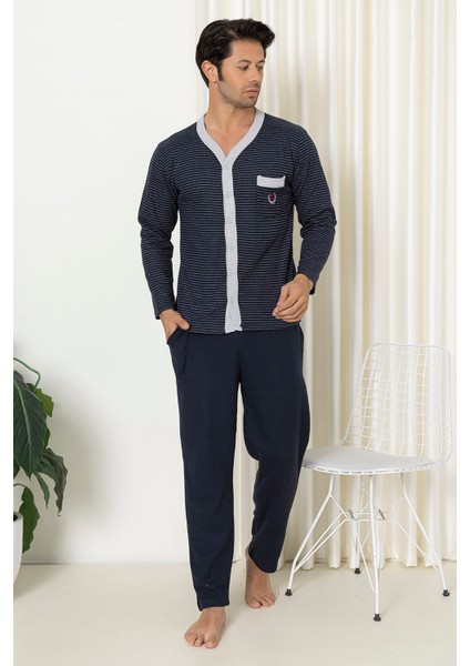 Flk 7057 Boydan Düğmeli Pamuklu Interlok Kışlık Erkek Ev Pijama Takımı