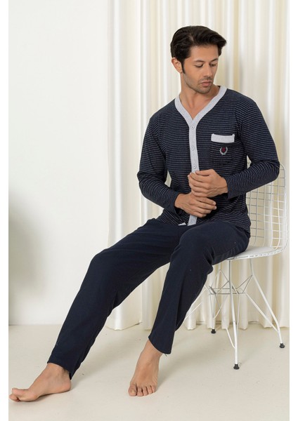 Flk 7057 Boydan Düğmeli Pamuklu Interlok Kışlık Erkek Ev Pijama Takımı