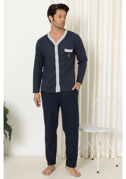 Flk 7057 Boydan Düğmeli Pamuklu Interlok Kışlık Erkek Ev Pijama Takımı