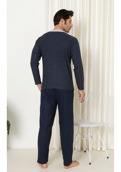 Flk 7057 Boydan Düğmeli Pamuklu Interlok Kışlık Erkek Ev Pijama Takımı