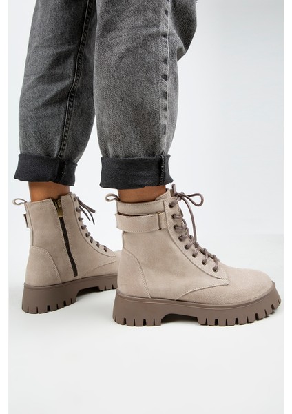 Adel Kadın Deri Bağcıklı Içten Fermuarlı Bej Süet-Vizon Bot