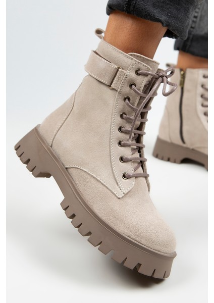 Adel Kadın Deri Bağcıklı Içten Fermuarlı Bej Süet-Vizon Bot indirimleri