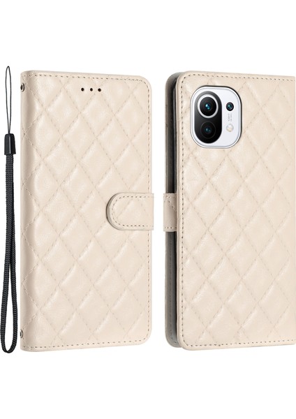 Xiaomi Mi Için 11 Lite 4g/5g/11 Lite 5g Ne Şok Geçirmez Cüzdan Standı Dikiş Hattı Eşkenli Telefon Deri Kapak-Beyaz (Yurt Dışından)