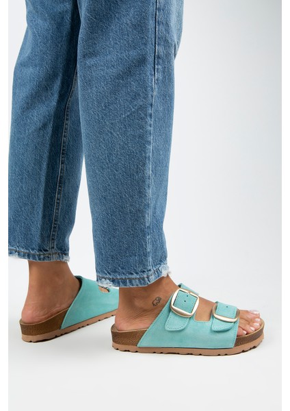 Irene Kadın Deri Çift Tokalı Mint Yeşili-Gold Terlik