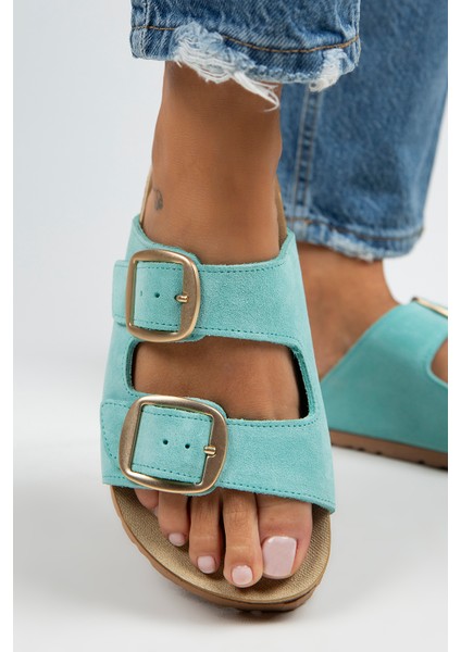 Irene Kadın Deri Çift Tokalı Mint Yeşili-Gold Terlik fiyatları