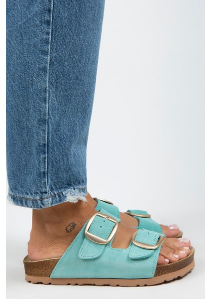 Irene Kadın Deri Çift Tokalı Mint Yeşili-Gold Terlik modelleri